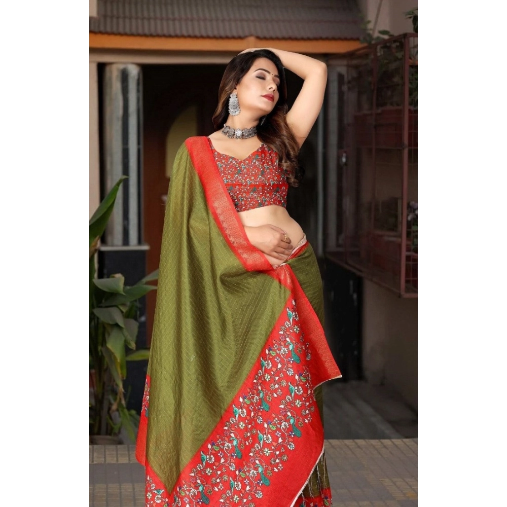 Generic Women's Cotton Silk Printed Saree With Unstitched Blouse 5.5Mtr (Green-Red) Generic Women's Cotton Silk Printed Saree With Unstitched Blouse 5.5Mtr (Green-Red)