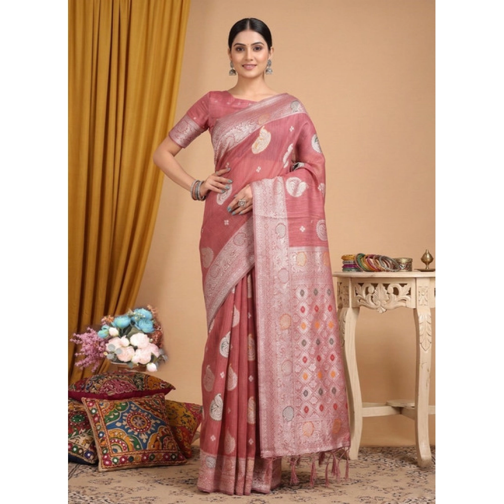 Generic Women's Linen Cotton Printed Saree With Unstitched Blouse 5.5Mtr (Pink)