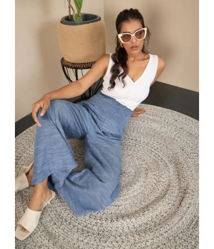 Generic Women's Cotton Self Design Smocked Trousers (Blue)
