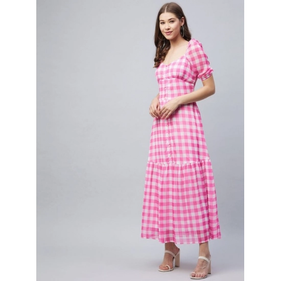 Generic Women's Polyester Georgette Checkered Half Sleeve Dress (Pink) Generic Women's Polyester Georgette Checkered Half Sleeve Dress (Pink)