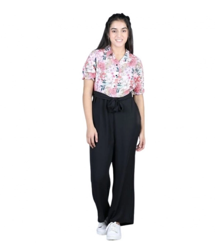 Generic Girl's Polyester Floral Short Sleeves Jumpsuit (White-Black)
