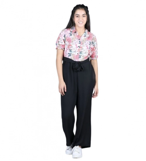 Generic Girl's Polyester Floral Short Sleeves Jumpsuit (White-Black)