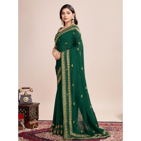 Generic Women's Vichitra Silk Embroidery Work Saree With Unstitched Blouse 5.5Mtr (Green)