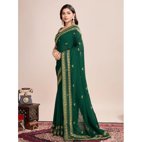 Generic Women's Vichitra Silk Embroidery Work Saree With Unstitched Blouse 5.5Mtr (Green)