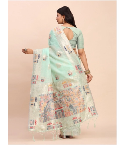 Generic Women's Linen Cotton Printed Saree With Unstitched Blouse 5.5Mtr (Sea Green)