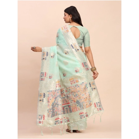 Generic Women's Linen Cotton Printed Saree With Unstitched Blouse 5.5Mtr (Sea Green)