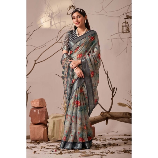 Generic Women's Faux_Linen Printed Saree With Unstitched Blouse 5.5Mtr (Light_Grey) Generic Women's Faux_Linen Printed Saree With Unstitched Blouse 5.5Mtr (Light_Grey)