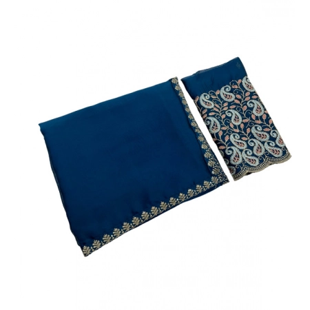 Generic Women's Chiffon Embroidered Saree With Unstitched Blouse 5.5Mtr (Teal)