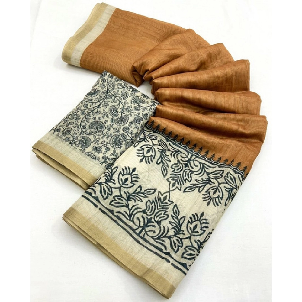 Women's Chanderi Printed Saree With Unstitched Blouse 5.5Mtr (Brown)