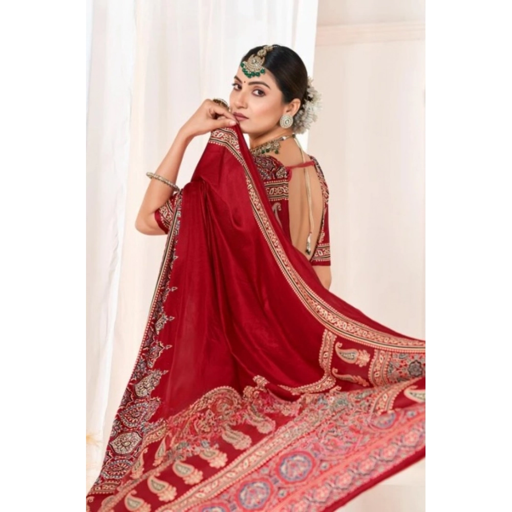 Generic Women's Crepe Printed Saree With Unstitched Blouse 5.5Mtr (Maroon)