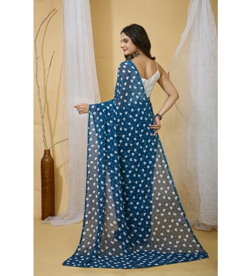 Generic Women's Georgette Printed Saree With Unstitched Blouse 5.5Mtr (Blue)