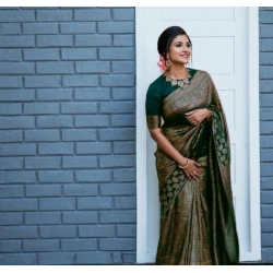 Generic Women's Litchi silk Printed Saree With Unstitched Blouse (Green)