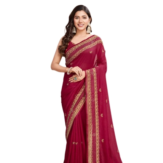 Generic Women's Vichitra Silk Embroidery Work Saree With Unstitched Blouse 5.5Mtr (Red)