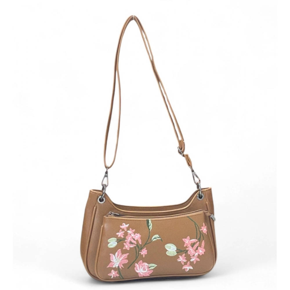 Generic Women's Polyurethane Floral Embroidered Crossbody Sling Bag with Adjustable & Removable Strap (Tan)