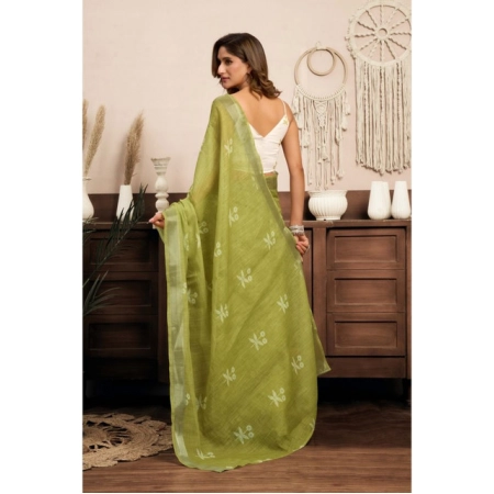 Generic Women's Linen Cotton Printed Ready To Wear Saree With Unstitched Blouse 5.5 Mtr (Light_Green)
