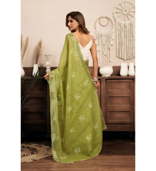 Generic Women's Linen Cotton Printed Ready To Wear Saree With Unstitched Blouse 5.5 Mtr (Light_Green)