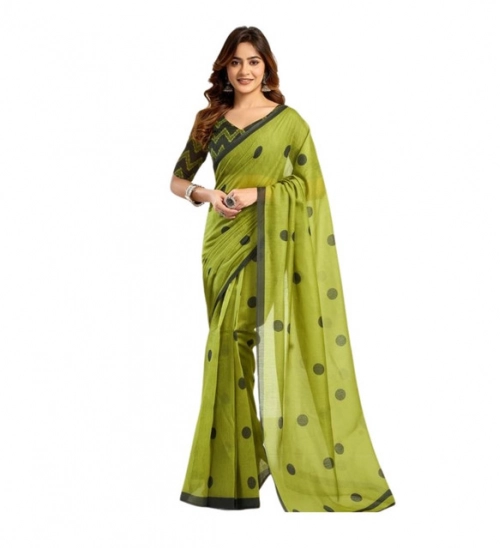 Generic Women's Linen Cotton Printed Ready To Wear Saree With Unstitched Blouse 5.5 Mtr (Green)