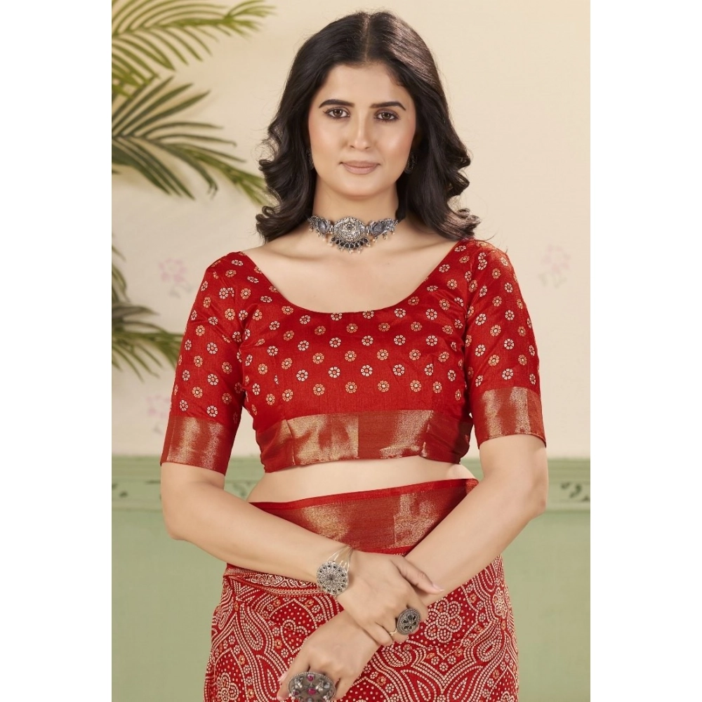 Women’s Cotton Silk Floral Printed Saree With Unstitched Blouse 5.5Mtr (Red)