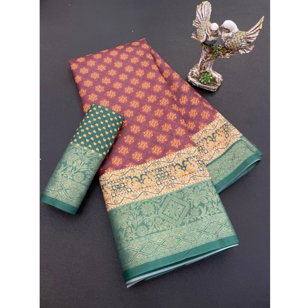 Generic Women's Soft Dola Cotton Printed Saree With Unstitched Blouse 5.5Mtr (Maroon)