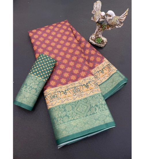Generic Women's Soft Dola Cotton Printed Saree With Unstitched Blouse 5.5Mtr (Maroon)