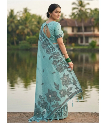 Generic Women's Linen Cotton Printed Saree With Unstitched Blouse 5.5Mtr (Sea Green)