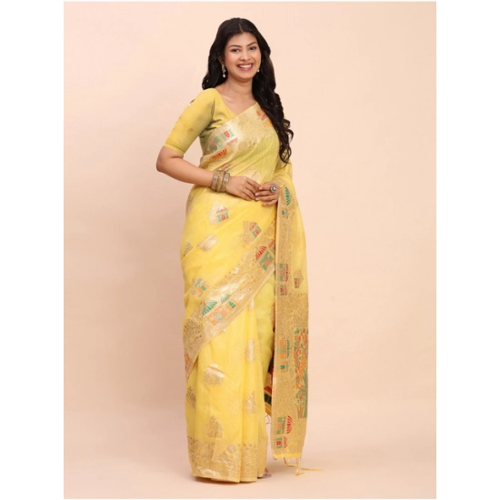 Generic Women's Linen Cotton Printed Saree With Unstitched Blouse 5.5Mtr (Yellow)