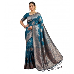 Generic Women's Silk Blend Printed Saree With Unstitched Blouse 5.5Mtr (Teal Blue)