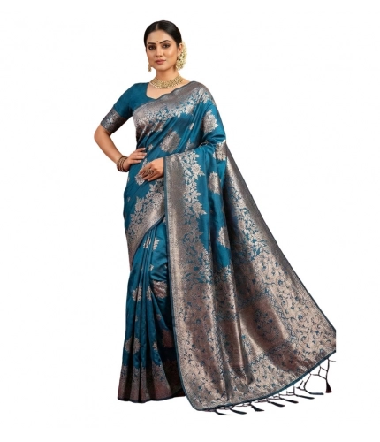 Generic Women's Silk Blend Printed Saree With Unstitched Blouse 5.5Mtr (Teal Blue)
