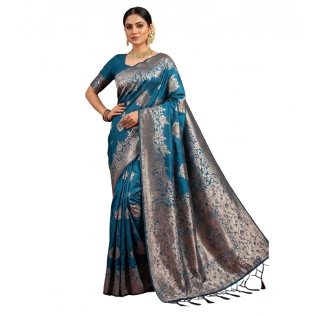 Generic Women's Silk Blend Printed Saree With Unstitched Blouse 5.5Mtr (Teal Blue)