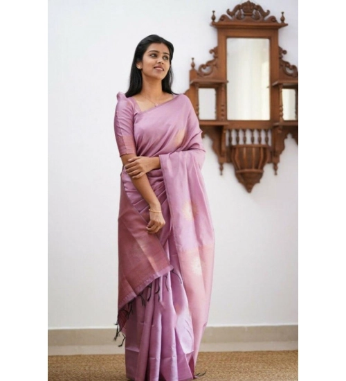 Generic Women's Litchi silk Printed Saree With Unstitched Blouse (Light Pink)
