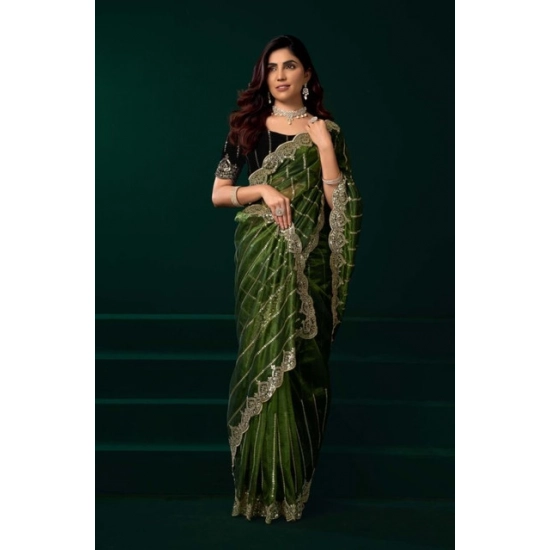 Generic Women's Net Sequence Saree With Unstitched Blouse 5.5Mtr (Green) Generic Women's Net Sequence Saree With Unstitched Blouse 5.5Mtr (Green)