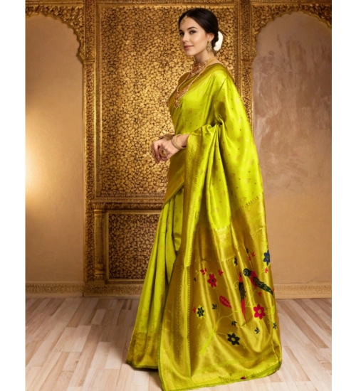 Generic Women's Silk Blend Zari Weaving Saree With Unstitched Blouse 5.5Mtr (Lime-Green)