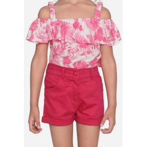 Generic Girl's Cotton Floral Cold Shoulder Top and Shorts Set (Pink-Red)