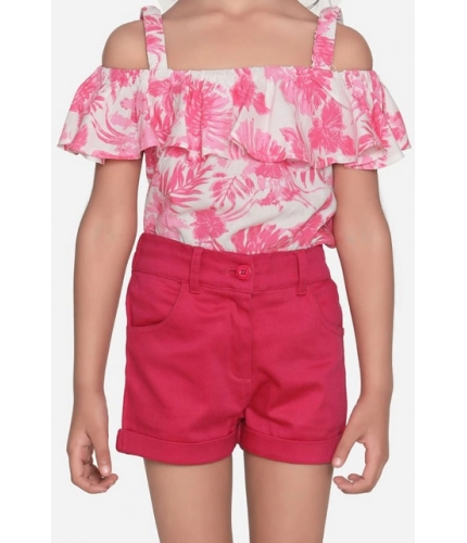 Generic Girl's Cotton Floral Cold Shoulder Top and Shorts Set (Pink-Red)