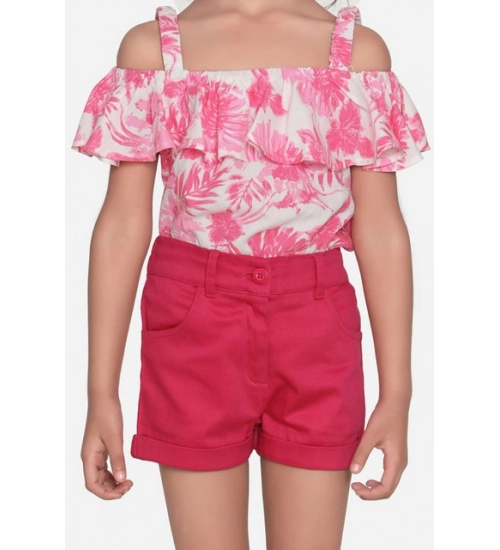 Generic Girl's Cotton Floral Cold Shoulder Top and Shorts Set (Pink-Red)
