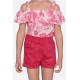 Generic Girl's Cotton Floral Cold Shoulder Top and Shorts Set (Pink-Red)