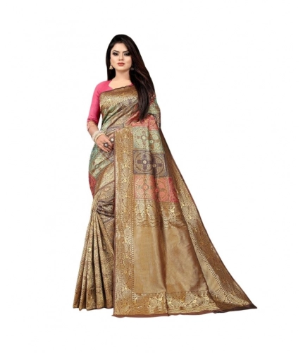 Generic Women's Soft Lichi Silk Printed Saree With Unstitched Blouse 5.5Mtr (Gold)