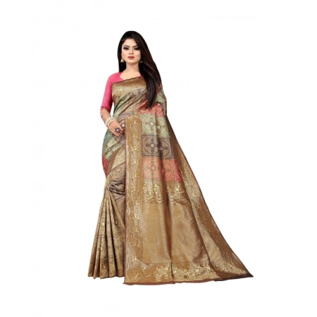 Generic Women's Soft Lichi Silk Printed Saree With Unstitched Blouse 5.5Mtr (Gold)