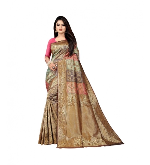 Generic Women's Soft Lichi Silk Printed Saree With Unstitched Blouse 5.5Mtr (Gold)