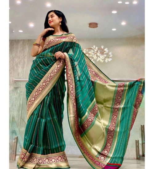 Generic Women's Soft Litchi Silk Jacquard Work Saree With Unstitched Blouse 5.5Mtr (Green)