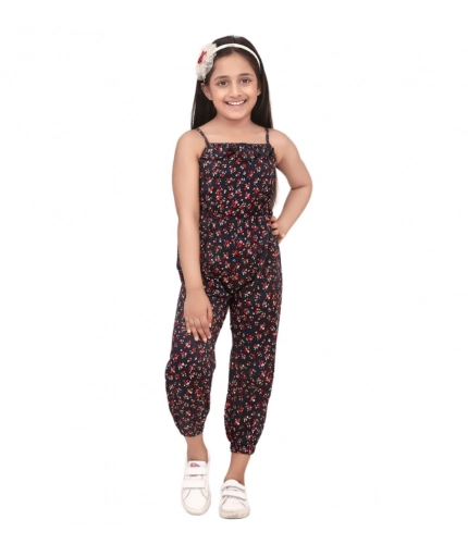 Generic Girl's Rayon Floral Sleeveless Jumpsuit (Black-Red)