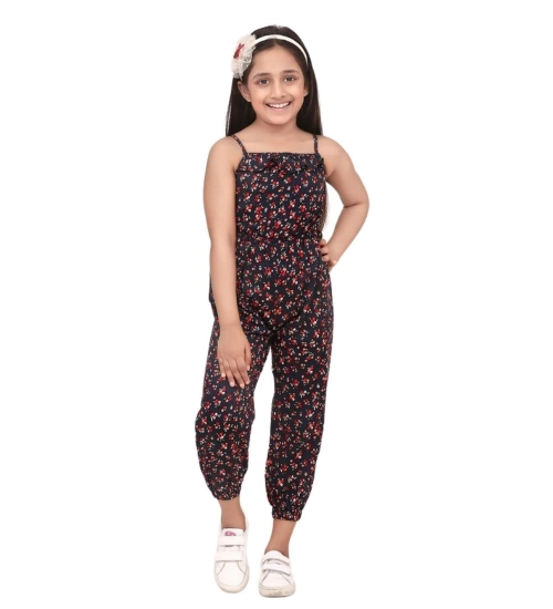 Generic Girl's Rayon Floral Sleeveless Jumpsuit (Black-Red)