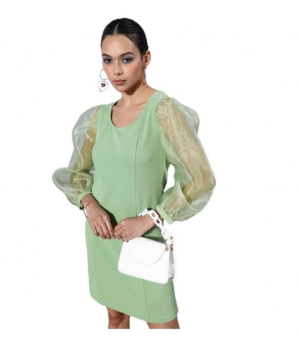 Generic Women's Organza And Polyester Lycra Solid Long Sleeves Dress (Green)