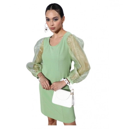 Generic Women's Organza And Polyester Lycra Solid Long Sleeves Dress (Green)
