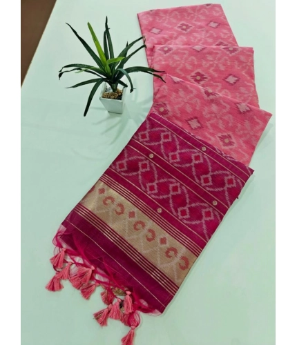 Generic Women's Raw Silk Ikkat Saree With Unstitched Blouse 5.5Mtr (Pink)