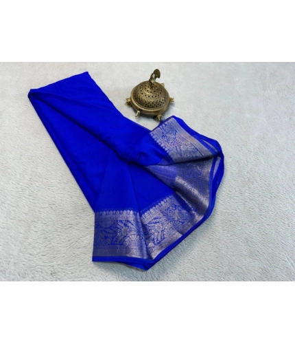 Generic Women's Crepe Chit Pallu Solid Saree With Unstitched Blouse 5.5Mtr (Navy Blue)