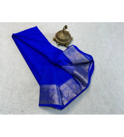 Generic Women's Crepe Chit Pallu Solid Saree With Unstitched Blouse 5.5Mtr (Navy Blue)