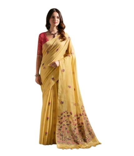 Generic Women's Blended_Cotton Floral Saree With Unstitched Blouse 5.5Mtr (Mustard)