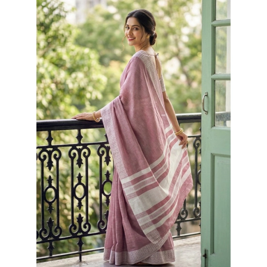 Generic Women's Linen Striped Saree With Unstitched Blouse 5.5Mtr (Magenta) Generic Women's Linen Striped Saree With Unstitched Blouse 5.5Mtr (Magenta)