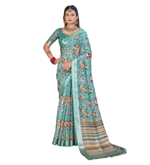 Generic Women's Printed Cotton Linen Saree withPrinted  Saree With Unstitched Blouse (Mint Green, 5-6Mtrs)